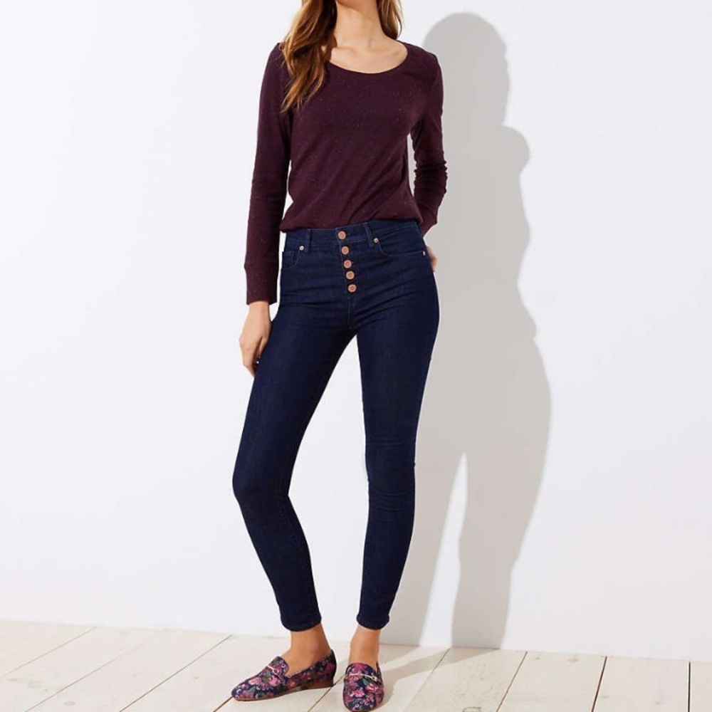 LOFT Button High Waist Jeans in Dark Wash